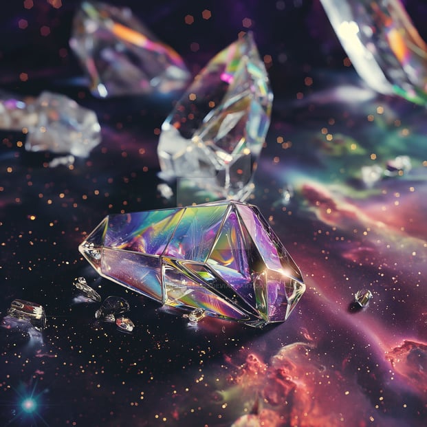 Colorful glass shards against a cosmic background